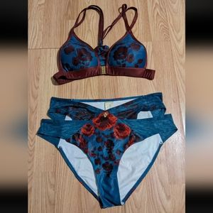 KBLU Floral Print Bikini 10 Teal Burgundy Unique Luxury High Waist Resort